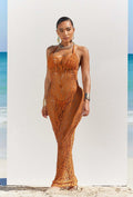 Women's Swimsuit Coverup Crochet Bikini Cover Ups Hollow Out Net Halter Sleeveless Swimwear for Beach 3 Pieces Long Dress