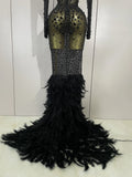 New Sexy Sparkling Red Crystals Feathers Long Sleeve Mermaid Maxi Dress Women Wedding Celebrate Luxury Birthday Party Prom Gown