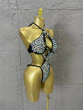Gold Luxurious Black Bodysuit Women Sexy Halter Neck Iridescent Crystal Embellished Cutout Outfit Stage Performance Costume