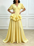 V Neck Puff Short Sleeve Maxi for Dress Women Ruched Fitted Waist Tiered Double Ruffle Hem for Summer Daily Party Occasion