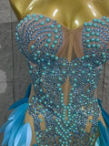 Strapless Rhinestone Evening Gown 3D Leaf Feather Appliques Sheer Mesh LongDress Prom Birthday Party Performance Formal Costume