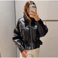 Fashion Women's Drawstring Short Leather Jacket Stand Collar Long Sleeve Ruffle Zipper Female Coat 2026 Autumn Lady Chic Jackets