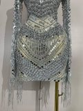 Luxury Evening Party Birthday Nightclub Photo Shoot Wear Sexy Mesh Sparkly Diamonds Sequin Tassels Long Sleeves Sheer Mini Dress