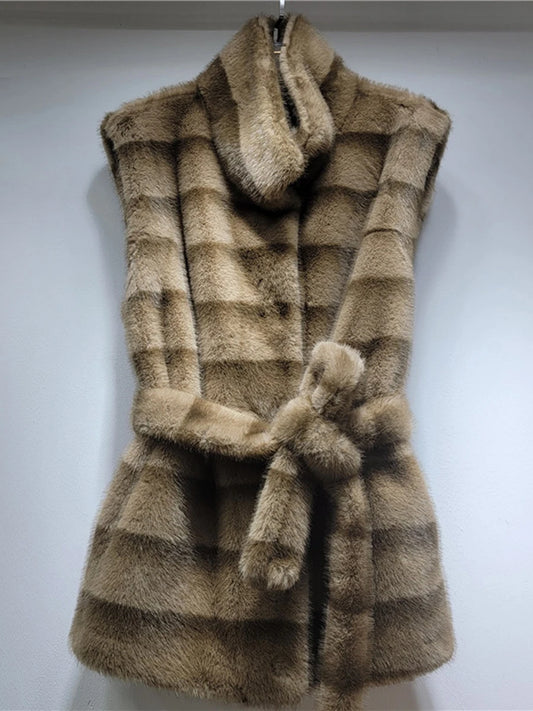 Street Vintage Spliced Lace Up Slimming Waistcoat for Women Stand Collar Sleeveless Fur Tank Top Female Winter Fashion Style
