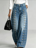 Women Denim Jeans High Waist Metal Button Decor Wide Leg Floor Length Streetwear Casual Trousers Autumn