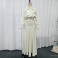 Elegant Chic Apricot Two Piece Set for Women Scarf Collar Puff Sleeve Blouse Midi Waist Flowy Skirt for Office Formal Events