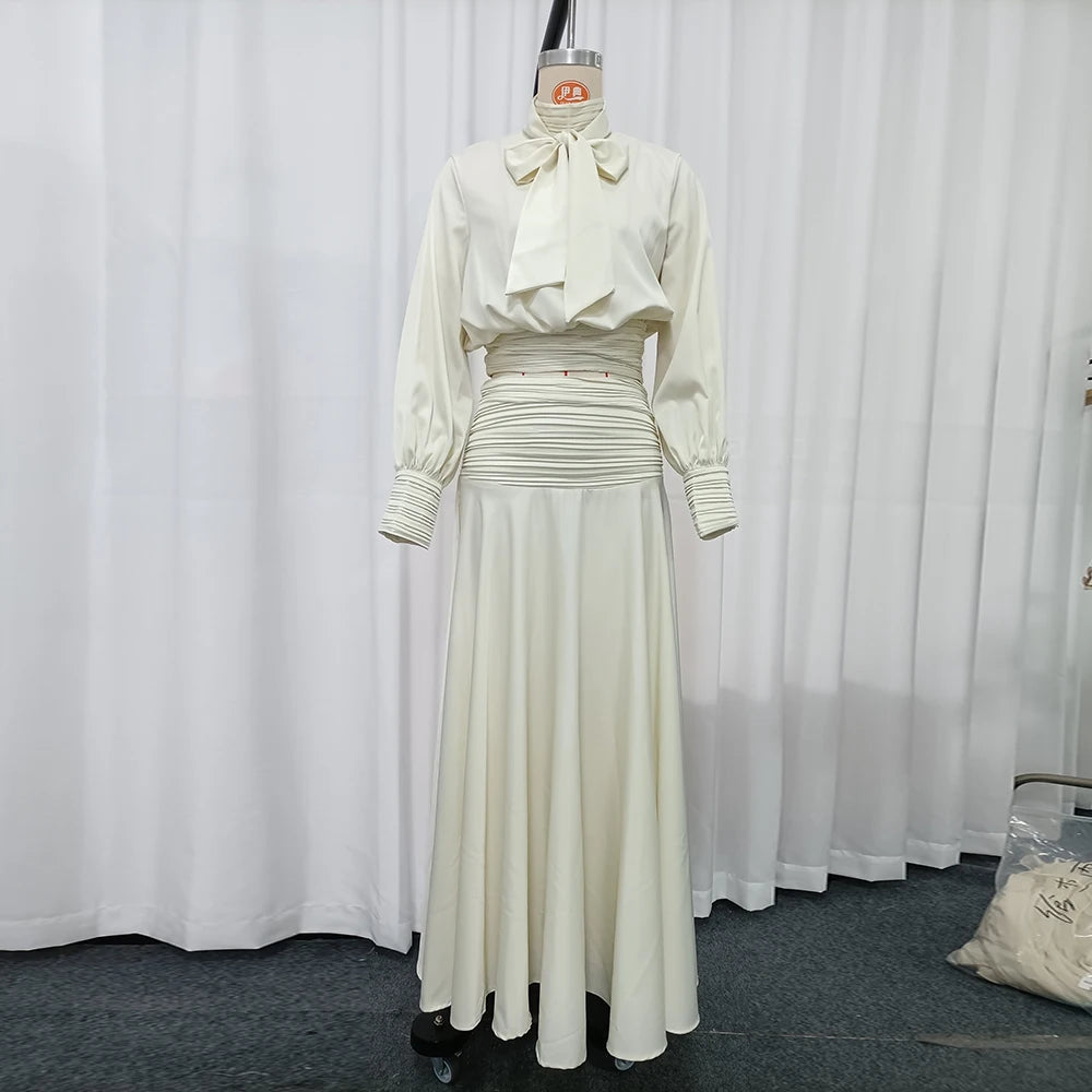 Elegant Chic Apricot Two Piece Set for Women Scarf Collar Puff Sleeve Blouse Midi Waist Flowy Skirt for Office Formal Events