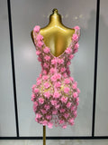 Women Luxury Pink Flowers Pearls Lace See Through Bodycon Mini Dress Birthday Photoshoot Evening Party Nightclub Stage Costume