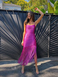 High Quality Fashion Fringe Rose Red Spaghetti Strap Long Dresses Women'S Tassel Celebrity Bandage Dress Prom Vestidos