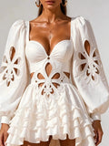 Fashion Style White Cutout Floral Accent Gown for Women Square Collar Puff Sleeve Asymmetric Train Skirt for Beach Elopement