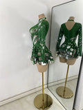 Luxury Sequins Long Sleeve Mini Dress Women Sexy Spandex Performance Dance Costume Party Celebrate Night Club Stage Outfit