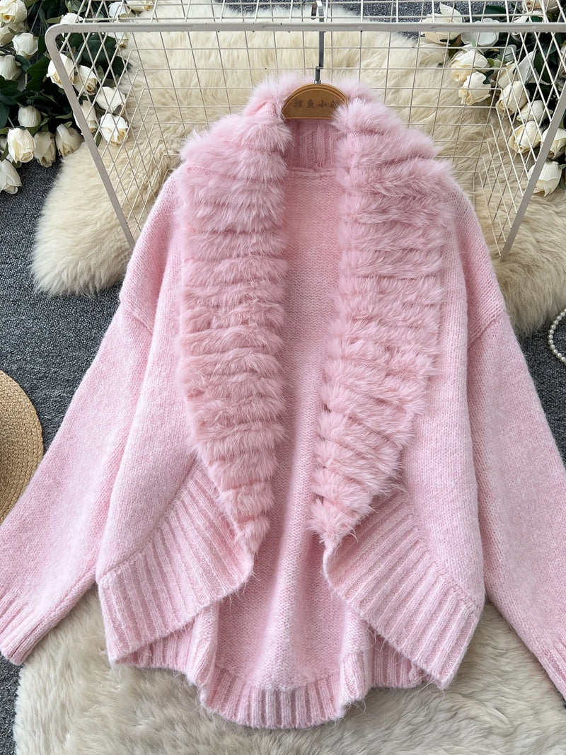 Pink Knitted Long Sleeve Open Cardigan Women's Faux Fur Collar Splicing Loose Slimming Versatile Sweater Coat Autumn Gentle