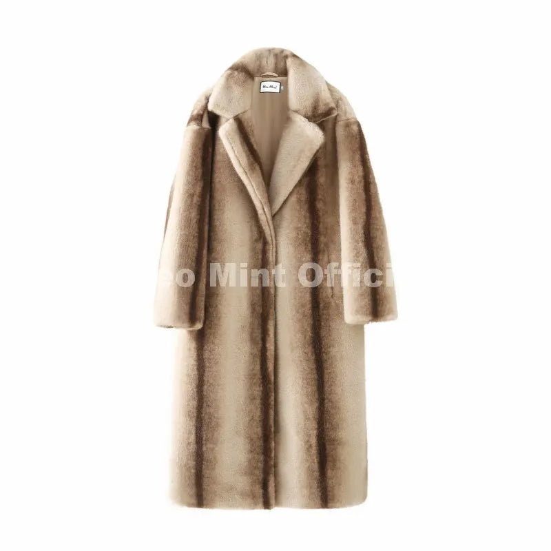 Girls Winter Luxury Striped Faux Mink Fur Coat Women Chic Brand Street Fashion Long Outerwears Jacket Overcoats