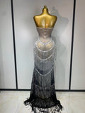 Women Sexy Strapless Rhinestone Tassels Maxi Long Dress Luxury Birthday Party Bar Nightclub Celebrity Stage Performance Outfit