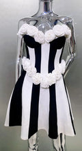 Women's Spring 3D White Rose Black White Striped Tube Top Skirt Fashion Elegant Dinner Party Bandage Performance Gown Robe Femme