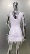 2026 Women's Luxury Rhinestone Feather Sequin Embroidered White Mesh Dress Glam Fashion Celebrity Party Evening Performance Gown