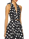 Beach Party Two Piece Set for Women Halter Neck Sleeveless Vest High Waist Polka Dot A Line Midi Skirt Suit Female