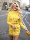 Fashion Women's Heavy Industry Diamond Two Piece Set Short Long Sleeve Tops Wrapped Hip Mini Skirt Female Outfit