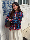 Floral Print Tie Waist Quilted Cotton Jacket  Stand Collar Loose Fit 2026 Spring Women Bohemian Vintage Daily Fashion Outerwear