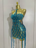 Sexy Sparkly Sequin Diamond Mesh Transparent Two Piece Set Women Celebrate Evening Party Birthday Dress Stage Photo Shoot Wear