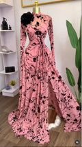 Women Long Sleeve Floral O-neck High Split Big Swing A-line Maxi Dress 2026 Birthday Vacation Trendy Dresses Vestidos