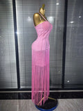 4 Colors Women Sexy Strap Shining Beading Long Tassles Bodycon Long Bandage Dress Elegant Evening Party Celebrate Birthday Wear