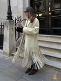 Beige Woolen Lapel Collar Fringe Hem Oversized Long Coats Chic Long Sleeve Warm Jackets Winter Daily Street Lady Outerwear 2026
