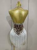 Women Sexy Sparkly Rhinestones Leopard Print Tassel Bodysuit 2026 New Evening Party Birthday Nightclub Performance Stage Costume