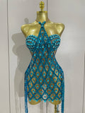 Sexy Sparkly Sequin Diamond Mesh Transparent Two Piece Set Women Celebrate Evening Party Birthday Dress Stage Photo Shoot Wear
