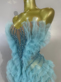 Shiny Rhinestone Birthday Bar Nightclub Stage Costume Sexy Strapless Sky Blue Mesh Ruffled See Through Evening Party Mini Dress