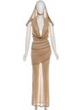 Mesh Hooded Dress Women Halter Swing Collar Backless Ruched Peach Hip 2026 New Vacation Sexy Elegant Hottie Bodycon