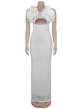 Sexy 3D Boutonniere Dress Women Stripes Hollow Sleeveless Lace Backless Stretch Skinny Party Fashion Activity Bodycon