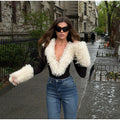 White Faux Curly Fur Bodysuit Women Chic Solid Deep V Long Fluffy Sleeves Shorts Bodysuit 2026 Lady Party Street Matching Suit