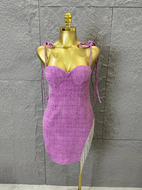 High Quality Women Sexy Strap Purple Cotton Bodycon Mini Dress Diamond Chain Fashion Celebrate Cute Birthday Dress