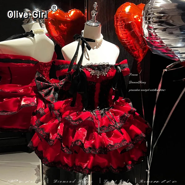 Olivegirl Sweet Lace Dress Lolita Red Cute Girl Spring High-end Women Summer Birthday Party Elegant Princess Lolita Dresses