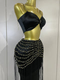 Women Festival Vacation Outfit Sexy Two Piece Skirt Set Black Nightclub Bar Party Hollow Out Ruched Crop Top Maxi Long Skirt Set