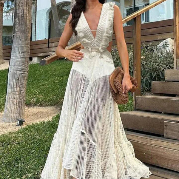 Solid Slimming Spliced Hollow Out Dresses for Women V Neck Sleeveless Patchwork Folds Dress Female Clothing Style