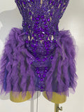 Sexy Purple Mesh See Through Purple Long Sleeves Mini Dress Luxury  Diamonds Birthday Evening Party Bar Nightclub Stage Costume