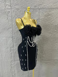 Elegant Black Bodycon Dress with Pearl Embellishments and Tulle Rose Bustier Ideal for Women Formal Event Evening Party