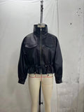 Elastic Drawstring Leather Jacket Zipper Stand Collar Long Sleeved Short Jackets Lady 2026 Autumn Women Chic Street Outerwear
