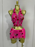 Sexy Evening Party Nightclub Performance Costume Women Birthday Mesh See-Through Pin Decoration Chain Short Dress Two-Piece Set