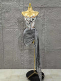Sophisticated Gold Silver Color Strapless Shinning Crytsal 2 Pieces Bodycon Mini Dress Celebrate Nightclub Party Birthday Wear