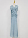 2026 Summer New Ruched Maxi Dress Women Draped Sleeveless V Neck Elegant Folds Dresses Formal Evening Party Gown
