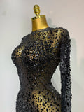 Luxury Rhinestones Mesh Bodycon Long Dress Celebrate Birthday Party Photo Shoot Long Sleeve Performance Costume Stage Outfit