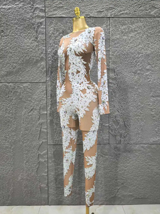 Luxurious Women Sexy Long Sleeve Shinning Rhinestones Bodycon Jumpsuit Celebrate Nightclub Party Performance Costume