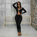 Sexy Hollow Out Jumpsuits Woman Trend Metal Buckle Decoration Full Sleeve Skinny Peach Hip Party Club Street Overalls