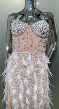 Women's Luxury Feather Rhinestone Beaded Glam Sheer High Slit Tube Top Dress Fashion Hot Birthday Party Banquet Performance Gown