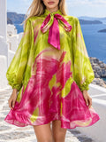 Abstract Brush Print Mini Dress for Women  Bow Tie Neck Lantern Long Sleeve Sheer Organza Loose A Line for vacation shopping