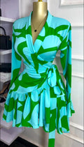Women Tie Dye Print Flare Long Sleeve Wrap V-neck with Sashes Ruffle Dress 2026 Elegant Vacation Party Birthday Dresses