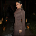 Irregular Brown Lace Uppleated Maxi Dresses Elegant Women's Full Sleeve Slim Fit Patchwork Robes 2025 New Evening Party Gowns